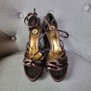 Elegant Brown Satin Strappy Sandals 5" Embroided Heel